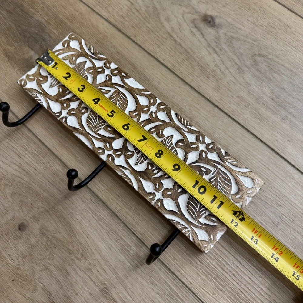 Carved Wood Wall Hook Rack 3 Hooks White Wash Boho Botanical Leaf 12 Inch